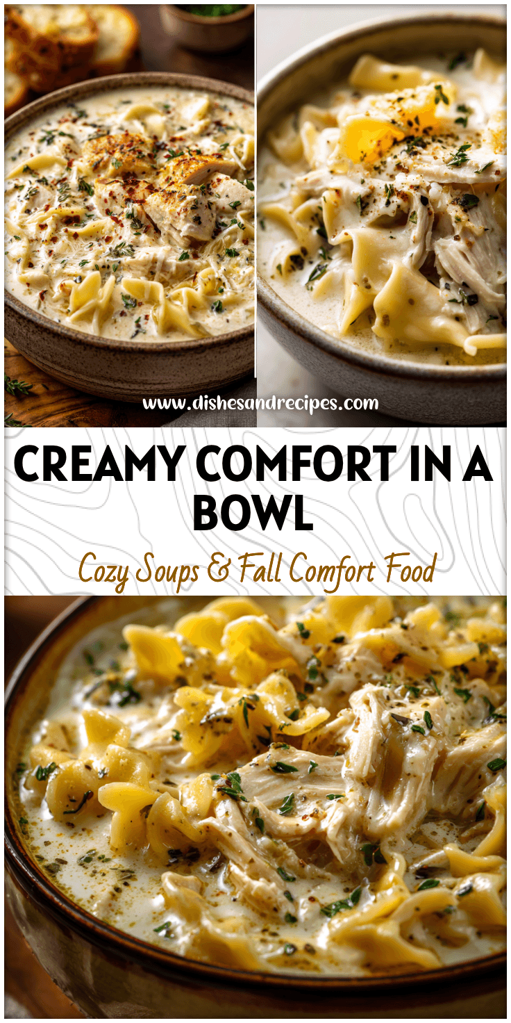A steaming bowl of creamy Chicken Alfredo Lasagna Soup with noodles, herbs, and white sauce in a rustic bowl.